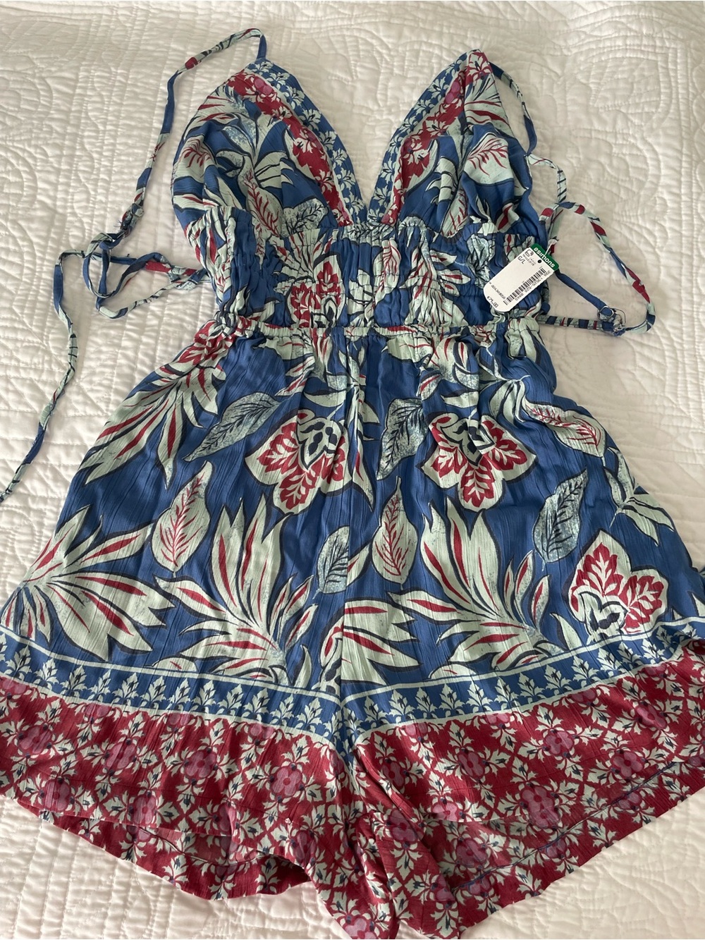 Angie Blue Floral Print Romper with Red Accents